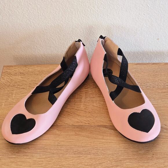 SPELLBOUND SOLES Shoes - NEW PINK BALLET FLATS WITH BLACK HEART DETAIL COQUETTE